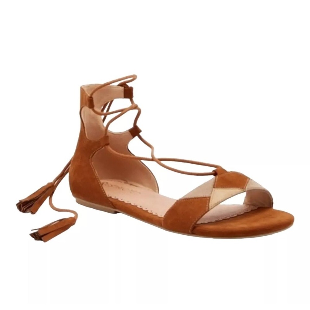 Lace Up Gladiator‎ Sandals Brown Faux Suede Tassel Ankle Tie Flats SIZE 10
